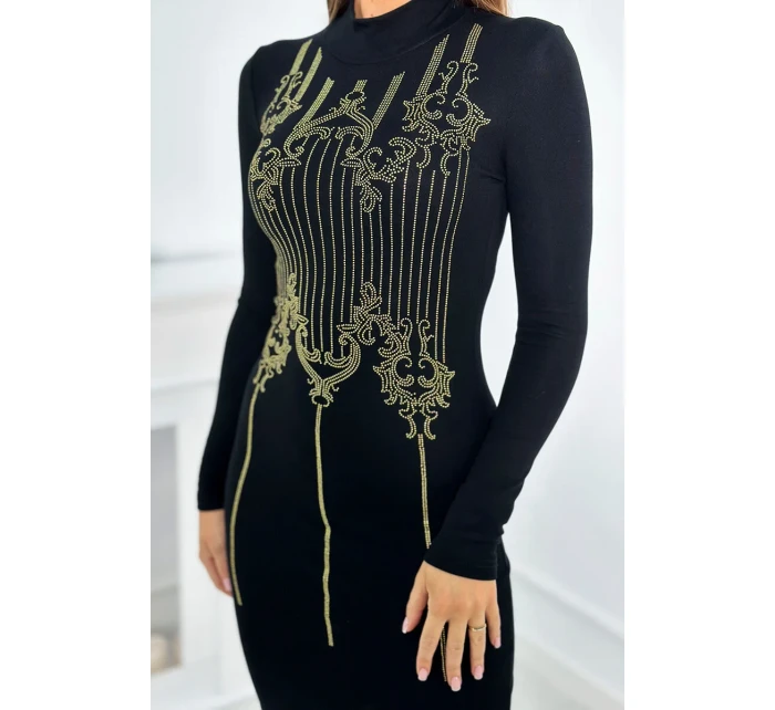 Pletené šaty so vzorom zlatej kubickej zirkónie čierny