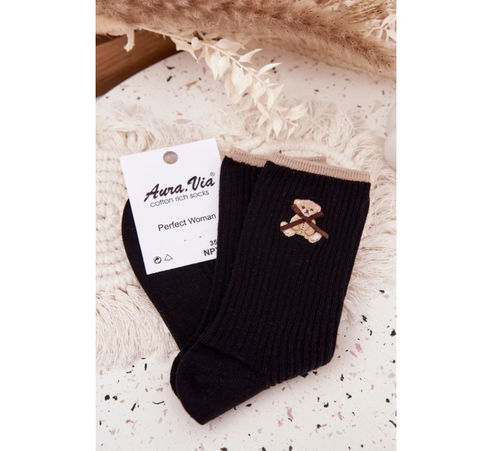 Bavlněné ponožky pruhované s medvědem Černé