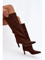 Dámské kozačky z eko semiše nazouvací na podpatku čokoládové Phelin Dámské kozačky z eko semiše nazouvací na podpatku čokoládové Phelin