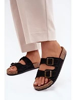 Semišové pantofle na korkové podrážce s přezkami Černé Tavira