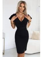 NINA Černé elegantní dámské šaty s přeloženým obálkovým výstřihem, a páskem model 20702181 - numoco