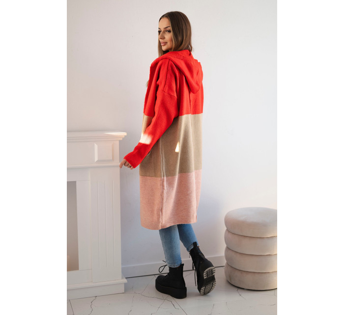 Pruhovaný sveter s kapucňou červený+biely+púdrovo ružový