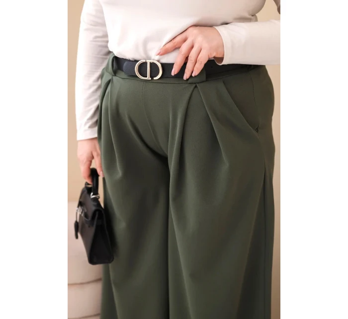 Plus veľkosť dámske široké nohavice z viskózy s opaskom Khaki