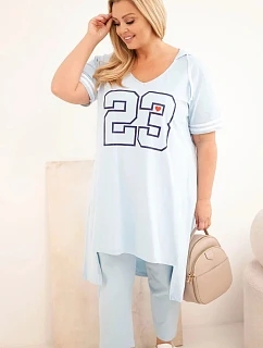 Dámská bavlněná souprava Plus Size s mikinou s kapucí a kalhotami modrá