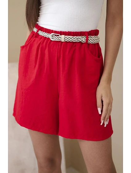 Dámské kraťasy s příměsí model 22205725 a pleteným páskem červené - K-Fashion Dámské kraťasy s příměsí model 22205725 a pleteným páskem červené - K-Fashion