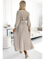 VIVIANA - Béžové dámske midi šaty s výstrihom, dlhými rukávmi a širokým opaskom 504-2