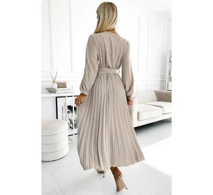 Béžové dámské midi šaty s výstřihem, dlouhými rukávy a širokým opaskem model 19012562 - numoco basic