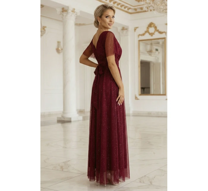 635-5 MELANIA dlhé lesklé šaty s výstrihom a krátkymi rukávmi - bordové 635-5 MELANIA dlhé lesklé šaty s výstrihom a krátkymi rukávmi - bordové