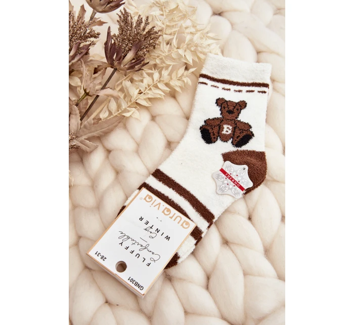 Młodzieżowe Ciepłe Skarpety Z Misiem Biało-Brązowe
