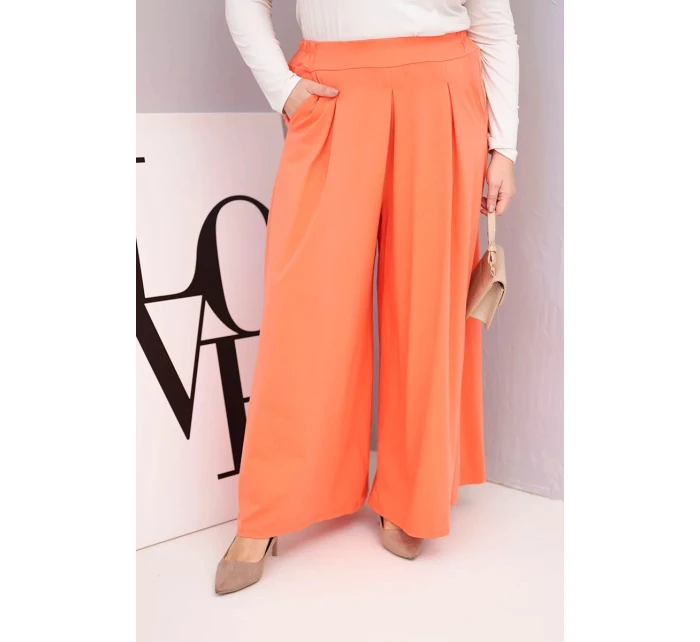 Dámské kalhoty z bavlny Plus Size s širokými nohavicemi a volným střihem meruňkové Dámské kalhoty z bavlny Plus Size s širokými nohavicemi a volným střihem meruňkové