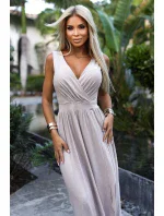 467-2 LOUISE dlhé šaty s výstrihom a rozparkom na nohách - béžové s trblietkami 467-2 LOUISE dlhé šaty s výstrihom a rozparkom na nohách - béžové s trblietkami