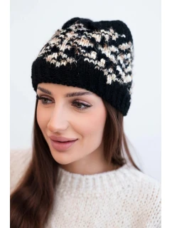 Dámska zimná čiapka s farebnými vzormi a hrubým rebrovaním K353 black+beige