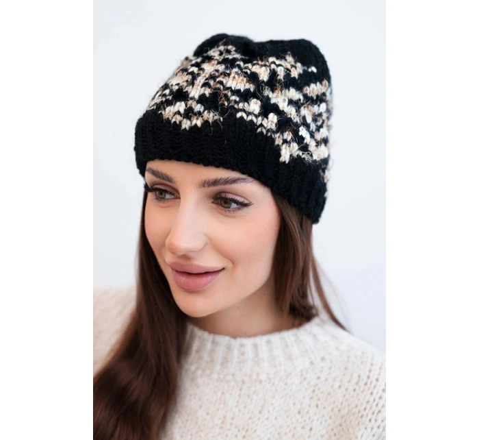 Dámska zimná čiapka s farebnými vzormi a hrubým rebrovaním K353 black+beige