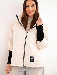 Dámska jarná prešívaná bunda s ozdobným potlačou a zipsom svetlo béžová