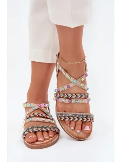 Sandały Damskie Ze Zdobieniem I Plecionymi Paskami Beżowe Delyra