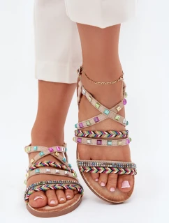 Sandały Damskie Ze Zdobieniem I Plecionymi Paskami Beżowe Delyra