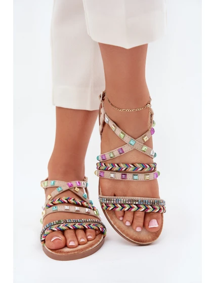 Sandały Damskie Ze Zdobieniem I Plecionymi Paskami Beżowe Delyra Sandały Damskie Ze Zdobieniem I Plecionymi Paskami Beżowe Delyra