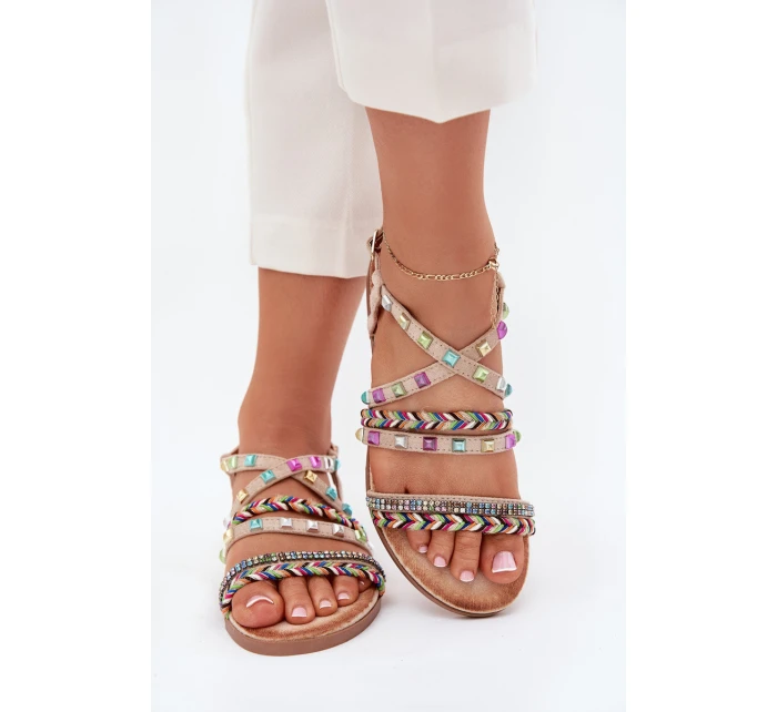 Sandały Damskie Ze Zdobieniem I Plecionymi Paskami Beżowe Delyra Sandały Damskie Ze Zdobieniem I Plecionymi Paskami Beżowe Delyra