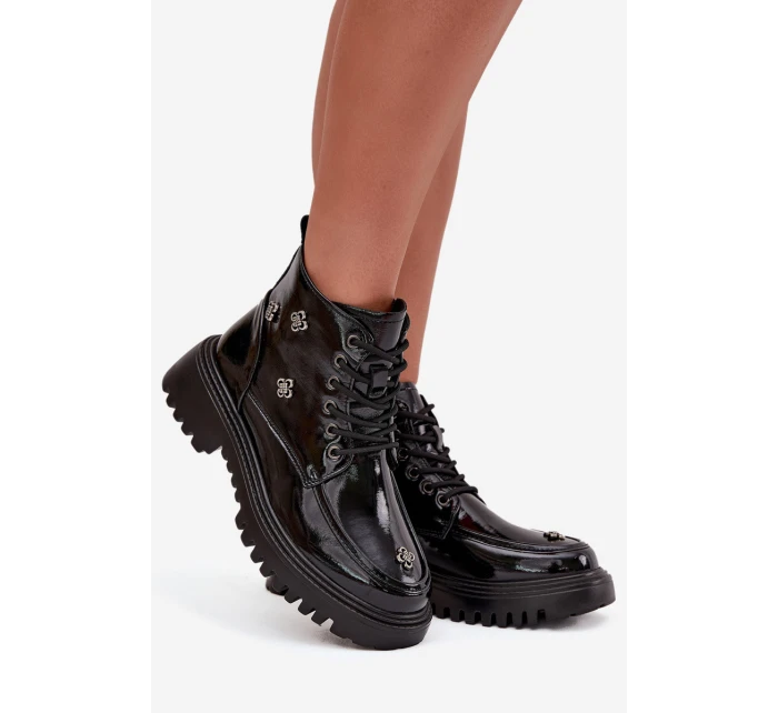 Skórzane Ocieplane Botki Damskie Z Ozdobami Lakierowane Artiker 57C0345 Czarne