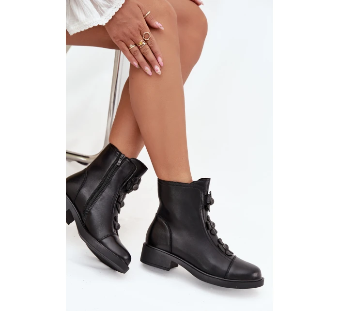 Skórzane Botki Damskie Z Ozdobnymi Kwiatkami Ocieplane Czarne Belverine Skórzane Botki Damskie Z Ozdobnymi Kwiatkami Ocieplane Czarne Belverine