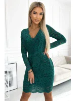 Zelené dámské krajkové šaty s výstřihem a dlouhými rukávy model 19377473 - numoco