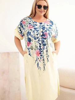 Dámske plus veľkosť viskózové šaty s krátkymi rukávmi a bočnými rozparky žltá