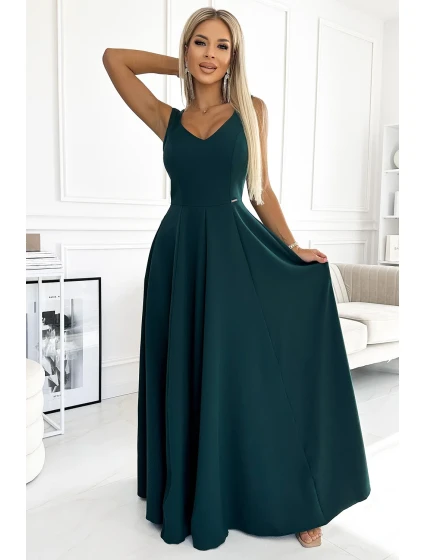 246-5 CINDY dlhé elegantné šaty s výstrihom - ZELENÉ