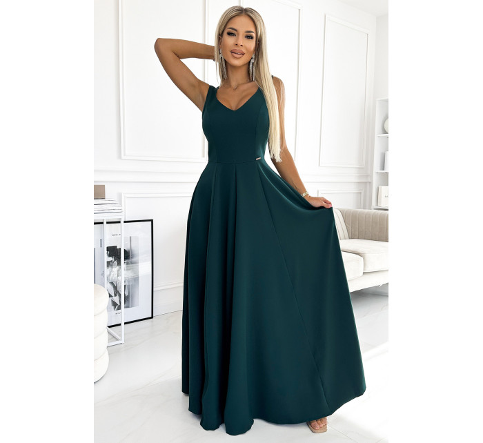 CINDY - Elegantné dlhé zelené dámske šaty s výstrihom 246-5