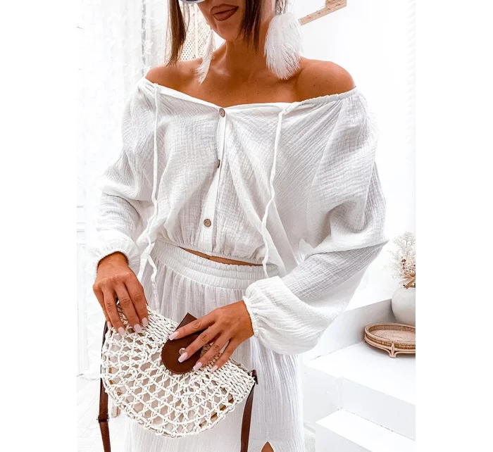 Dámsky mušelínový set v ecru farbe - blúzka a sukňa (8290)