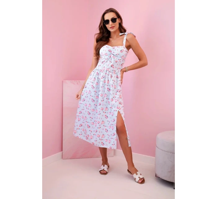 Dámske šaty bez ramienok s potlačou a viazaním modré