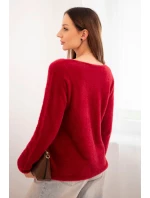 Dámsky mäkký pletený sveter s výstrihom do V bordovej farby