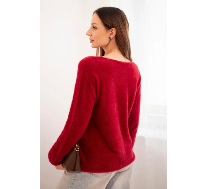 Dámsky mäkký pletený sveter s výstrihom do V bordovej farby