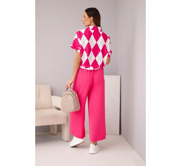 Dámská souprava viskózová halenka s vázáním a kalhoty s gumou fuchsie Dámská souprava viskózová halenka s vázáním a kalhoty s gumou fuchsie