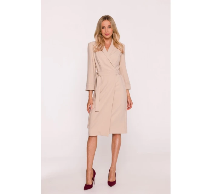 S415 Košeľové šaty viazané v páse - béžové
