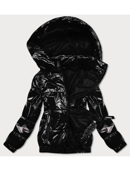 Lesklá čierna prešívaná bunda s kapucňou (BR9788-1)