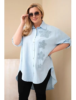 Dámske tričko Plus Size z viskózy s kvetinovou výšivkou modrá