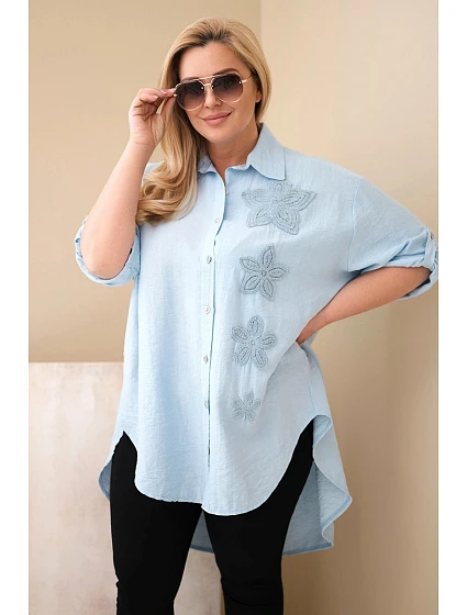 Dámske tričko Plus Size z viskózy s kvetinovou výšivkou modrá