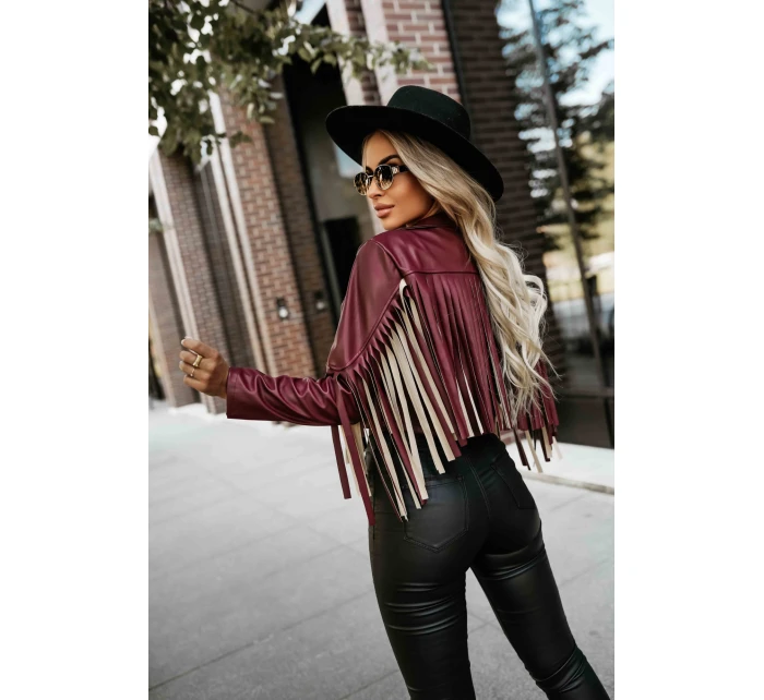 model 21337606 Krátká bunda s třásněmi z měkké ekokůže vínová - numoco basic