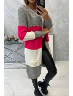 Sivý+malinový pruhovaný sveter