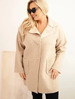 Dámský kabát Plus Size beránek s vlnou a kapsami béžový