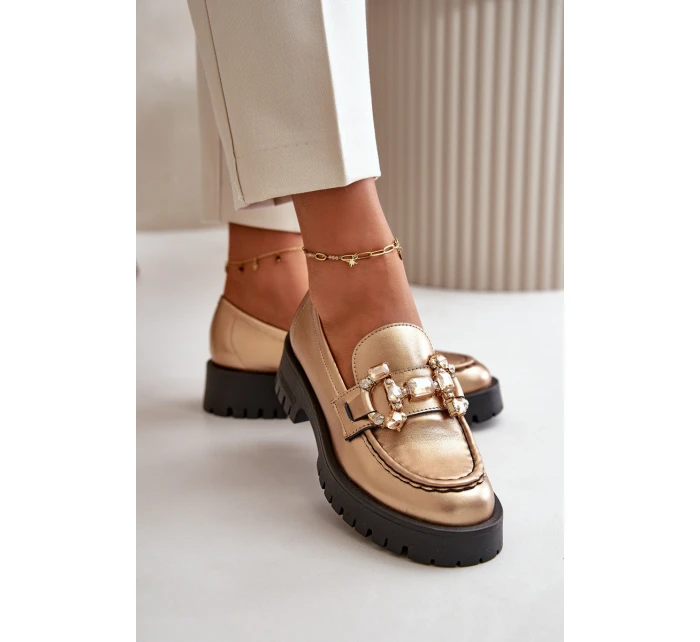 Damskie Skórzane Mokasyny Z Ozdobą CheBello 4369 Złote
