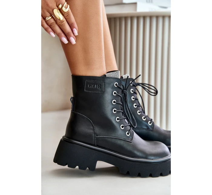 Ocieplane Skórzane Botki Workery Damskie Z Cyrkoniami GOE OO2N4125 Czarne