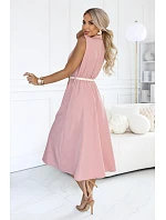 596-6 Elegantná midi košeľa so zlatými gombíkmi a opaskom – pudrovoružová 596-6 Elegantná midi košeľa so zlatými gombíkmi a opaskom – pudrovoružová