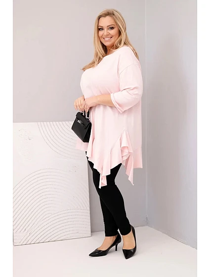 Dámská blůza Plus Size s bavlnou, volánkem a ohrnutým rukávem pudrově růžová Dámská blůza Plus Size s bavlnou, volánkem a ohrnutým rukávem pudrově růžová