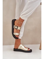 Skórzane Klapki Damskie Na Platformie Zazoo 3024 Złote