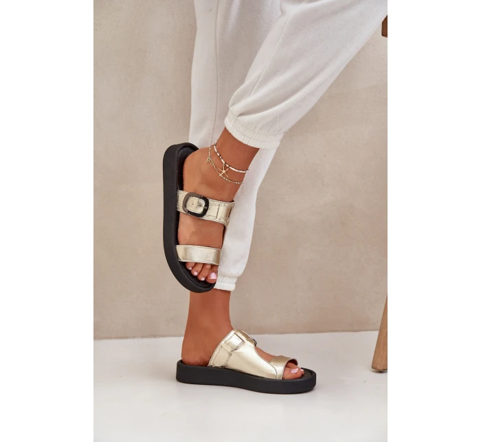 Skórzane Klapki Damskie Na Platformie Zazoo 3024 Złote