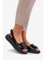 Skórzane Lakierowane Sandały Damskie Na Koturnie z Ozdobą Artiker 56C1564 Czarne