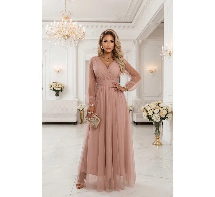 Dlouhé maxi šaty s rukávy a obálkovým výstřihem pudrově růžové model 22046066 - numoco basic