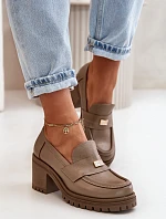 Zazoo 20168 Eleganckie Półbuty Damskie Na Słupku Skóra Naturalna Ciemnobeżowe