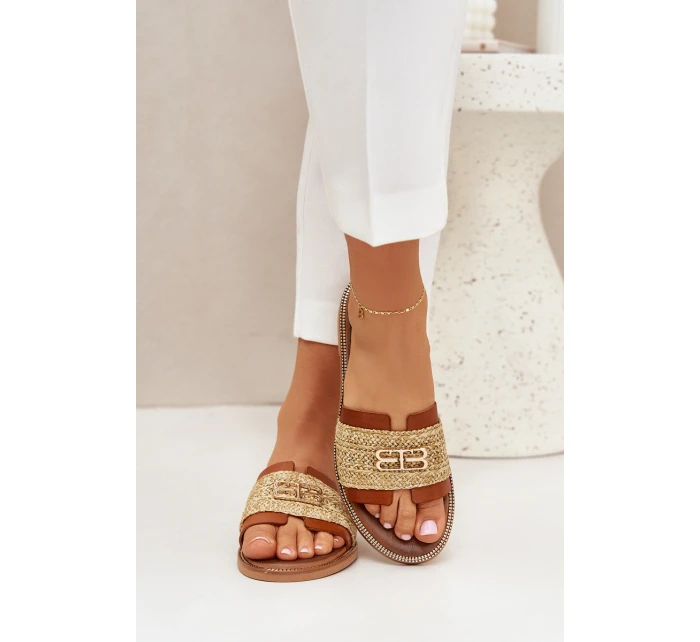 Kožené Pantofle S Dekorativním A Pletením Hnědé model 21684096 - Zazoo